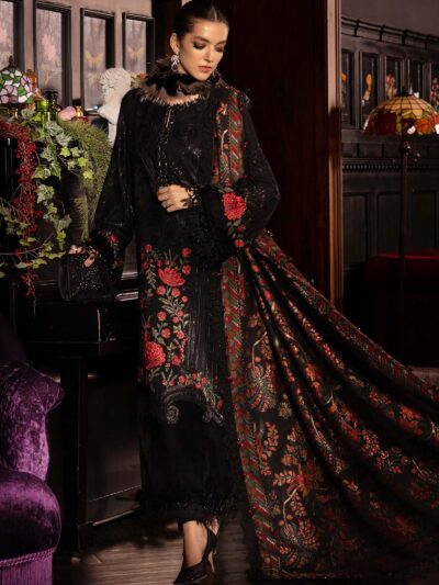 3 Piece Unstitched Embroidered Linen Suit WL-1309-Black and Red